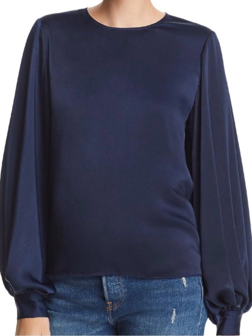 navy blue satin long-sleeve blouse featuring elegant billowing bishop sleeves.